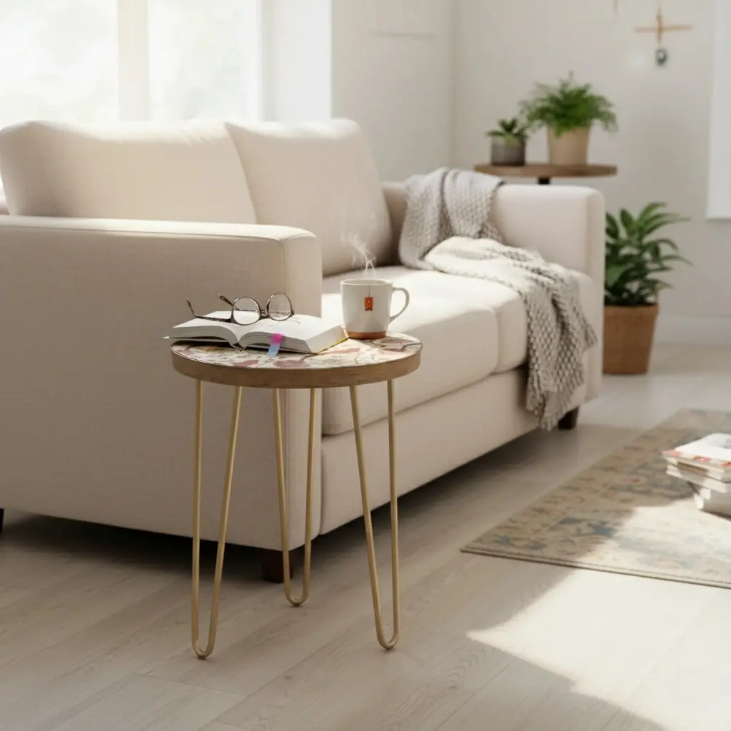 PP6 Arts & Crafts Style Bird & Floral Accent Side Table with Gold Hairpin Legs - 3 Sizes