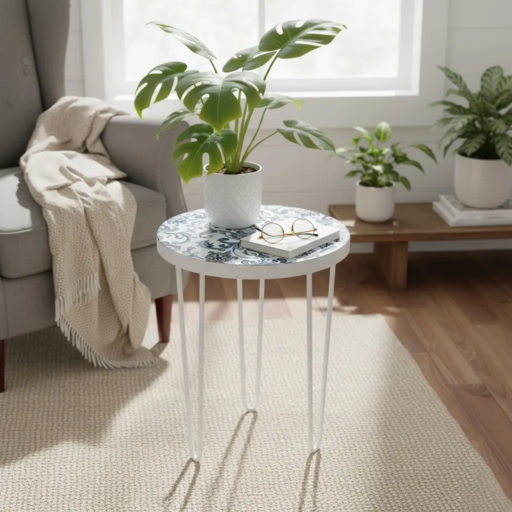 PP9 Elegant Blue Damask Floral Round Accent Table with Gold Hairpin Legs - 3 Sizes (14inch(D) * 18inch(H))