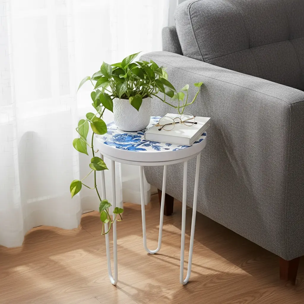 PP12 Blue and White Porcelain Style Side Table with Peacock Art