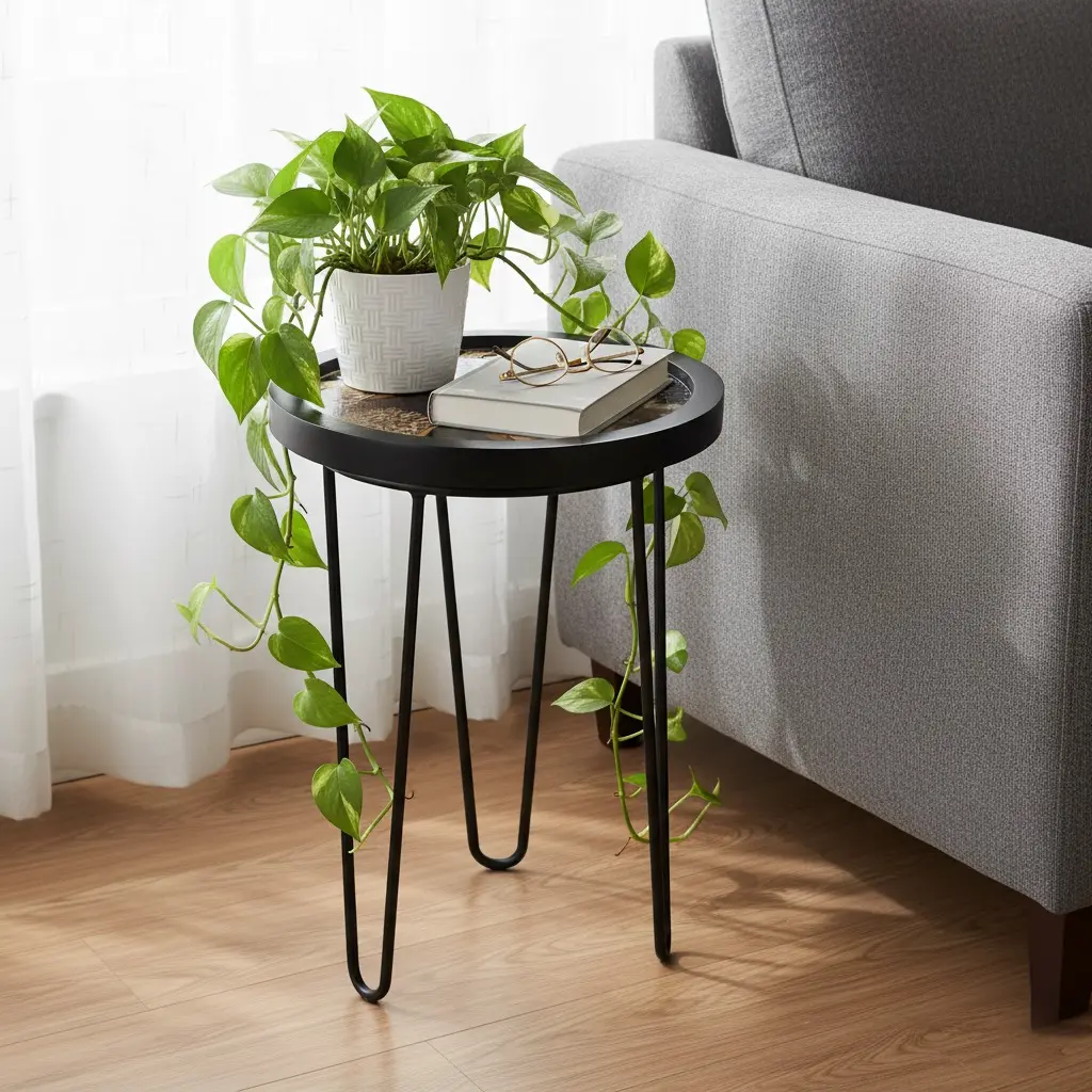 PP13 Vintage Sepia Bird & Floral Side Table with Black Hairpin Legs