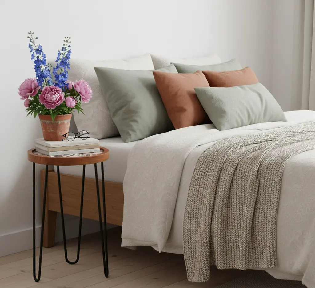 PP16 Enchanted Bird & Floral Enamel Top Wooden Side Table with Black Iron Hairpin Legs - 3 Sizes