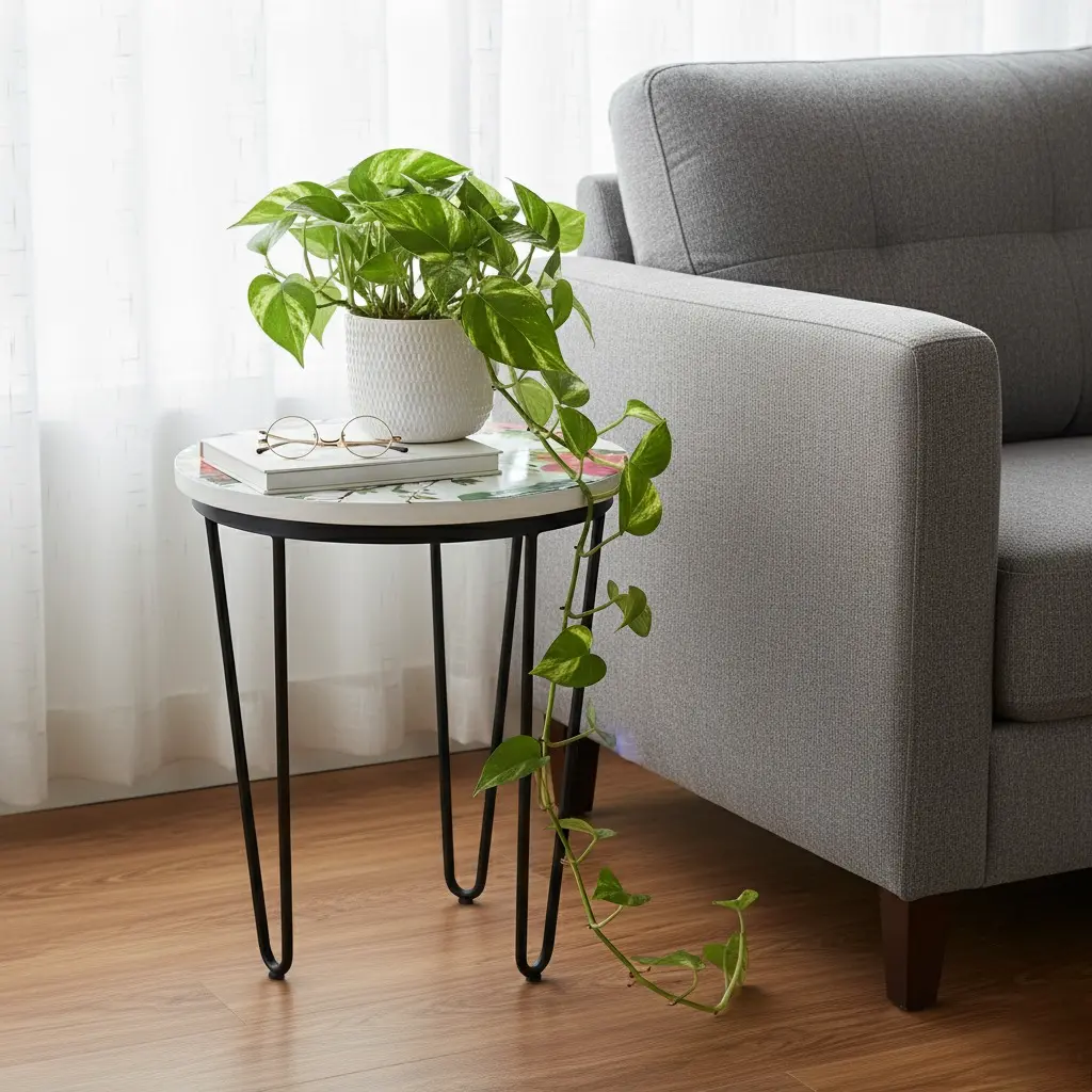 PP21 Vibrant Tropical Bird & Hibiscus Enamel Top Side Table with Black Iron Hairpin Legs - 3 Sizes