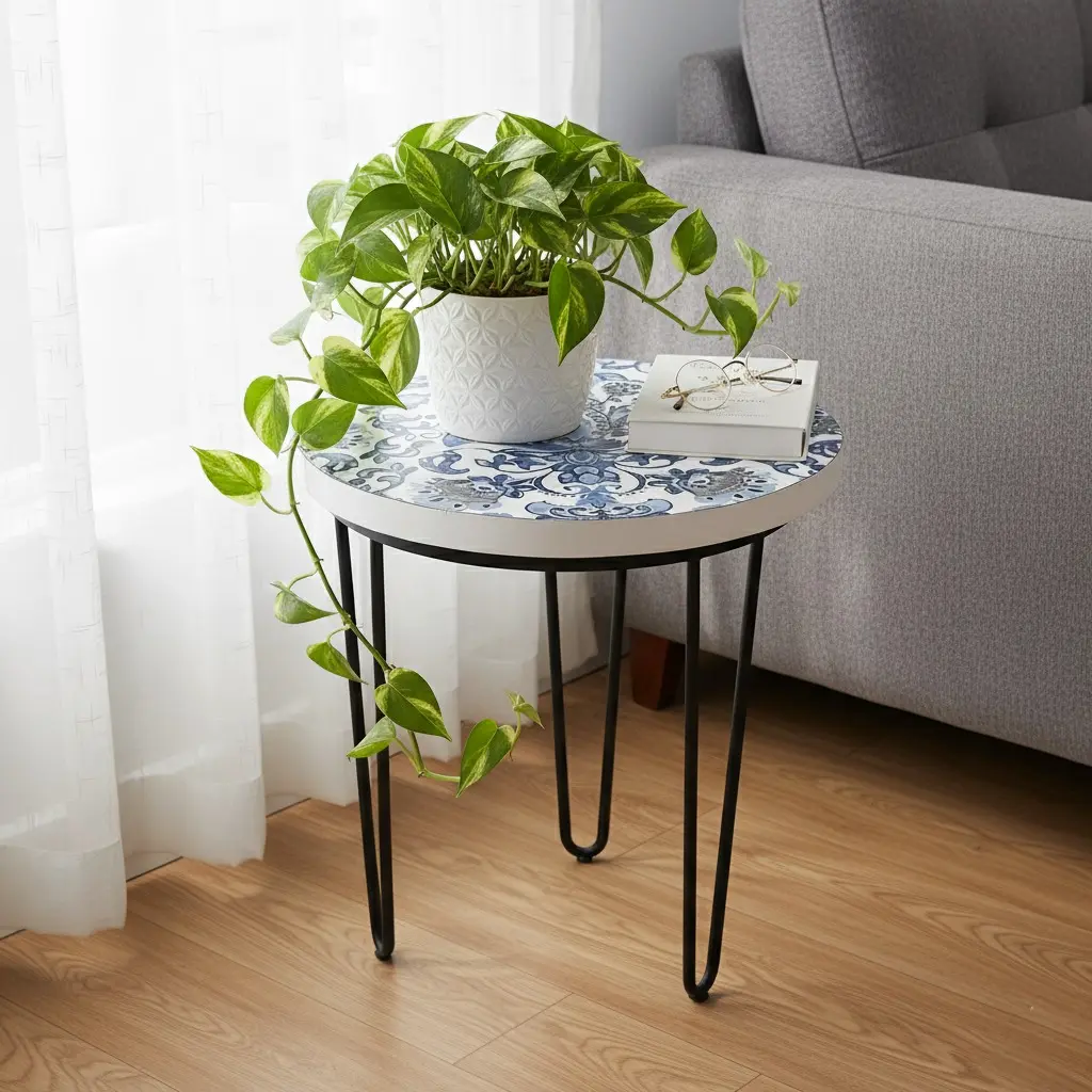 PP36 Blue & White Damask Pattern Side Table with Hairpin Legs - 3 Sizes (14inch(D) * 18inch(H))