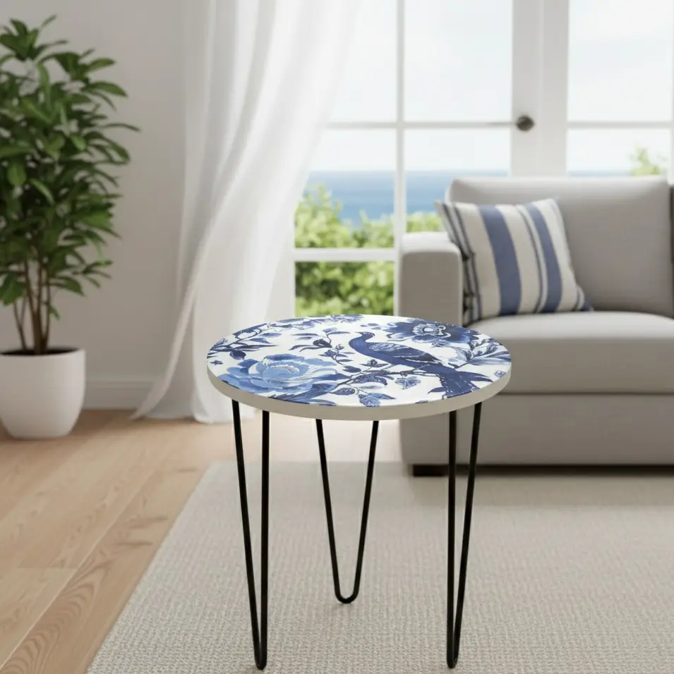 PP37 Classic Blue & White Chinoiserie Peacock Side Table with Black Hairpin Legs - 3 Sizes