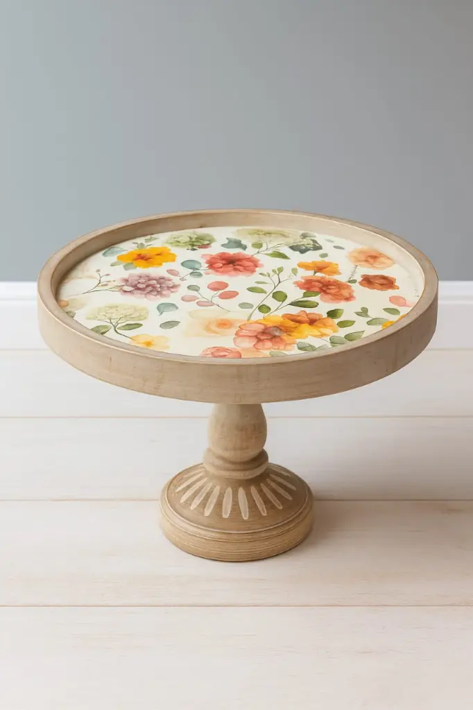 P1 Rustic Farmhouse Floral Printed Wooden Pedestal Cake Stand (10inch(D) * 4inch(H))