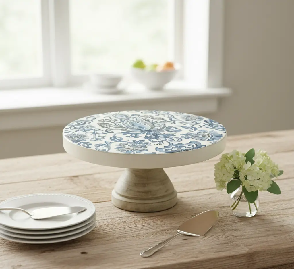 P5 Blue Watercolor Floral Cake Stand with Rustic Base (10inch(D) * 4inch(H))