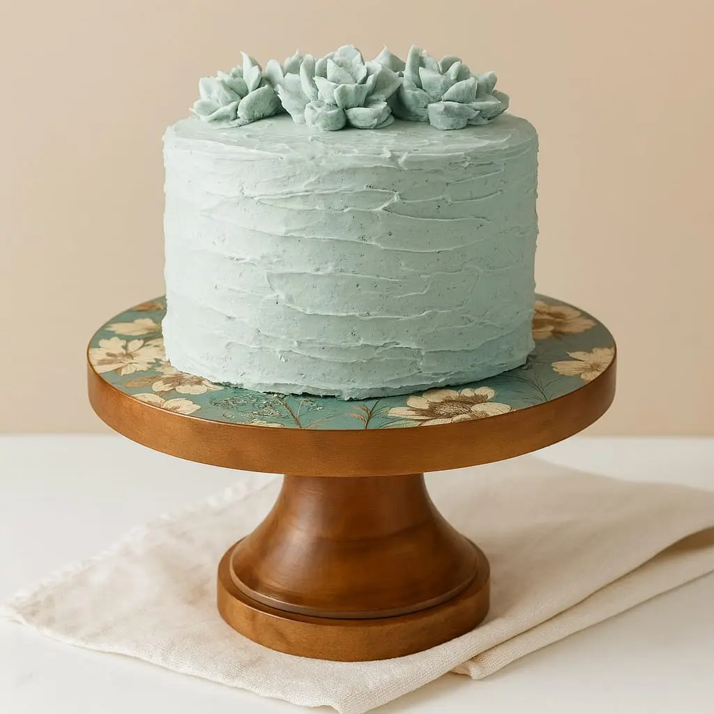 P11 "Muted Teal Garden Birds" Decorative Wood Pedestal Stand / Oversized Knob (10inch(D) * 4inch(H))