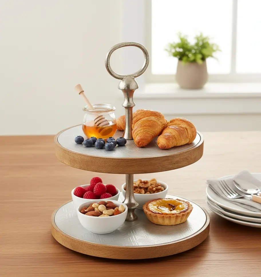 P32 2-Tier Natural Wood and Etched Silver Metal Serving Stand / Modern Geometric Display