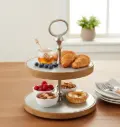 2-Tier Natural Wood and Etched Silver Metal Serving Stand / Modern Geometric Display