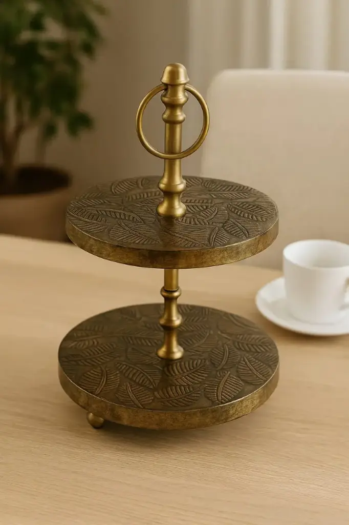 P29 2-Tier Antiqued Brass Embossed Leaf Pattern Serving Stand