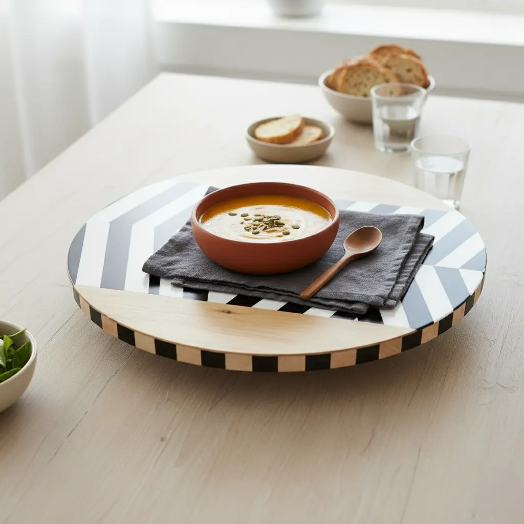 ​P7 Modern Chevron Lazy Susan Turntable | Natural Wood and Black & White Striped Design