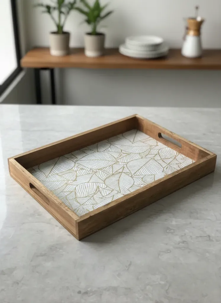 Handcrafted Geometric Metal Embossed Tray – Wood Inlay Decorative Server
