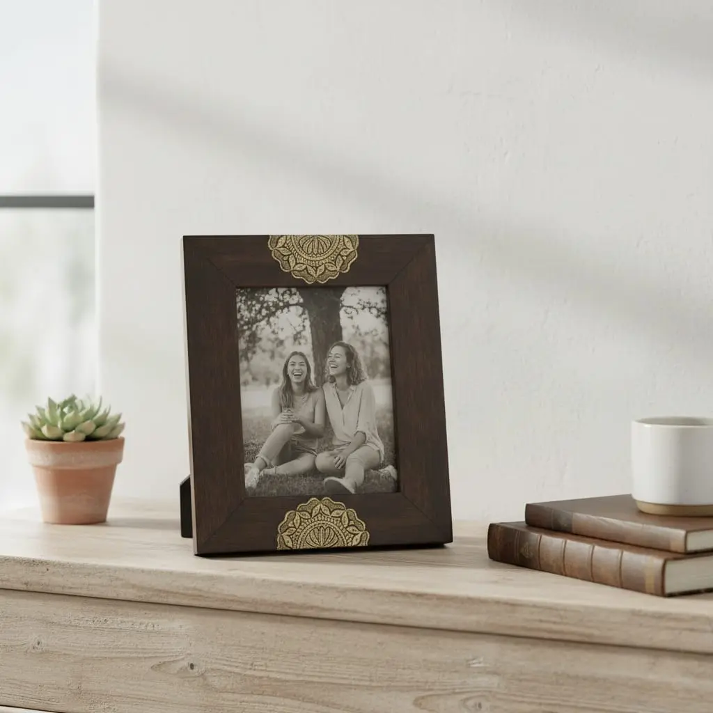 P4 Artisan Handmade Distressed Wood Frame with Intricate Brass Corner Motifs - 3 Sizes