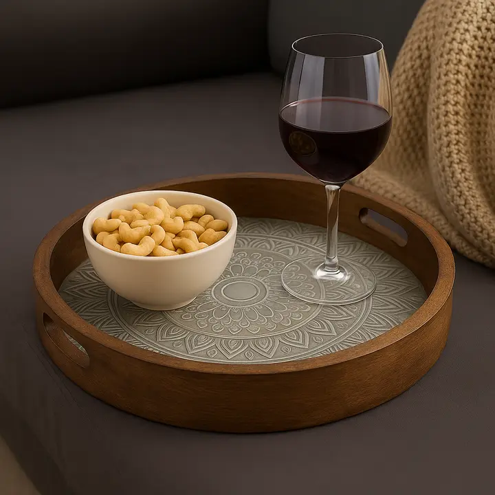 Round Wooden Serving Tray with Embossed Mandala Medallion Design