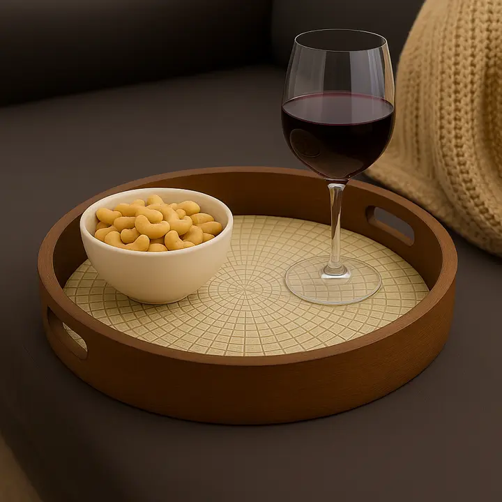 Round Wooden Serving Tray with Radial Mosaic Pattern