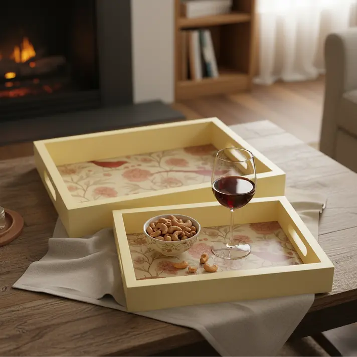 Cream Wooden Serving Tray with Elegant Chinoiserie Floral & Bird Design