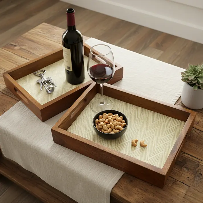 Contemporary Wooden Serving Tray with Chic Chevron Pattern Inlay