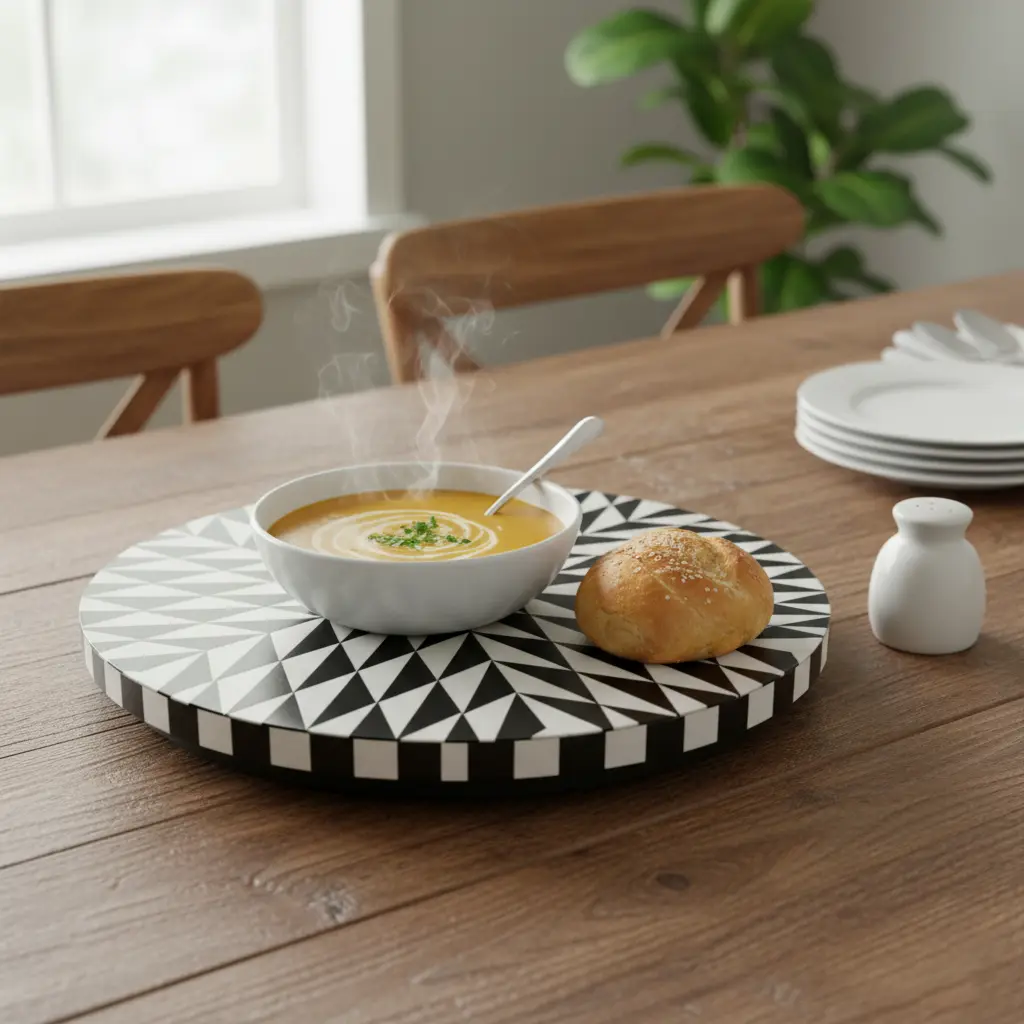 P19 Modern Black & White Geometric Wooden Lazy Susan Turntable