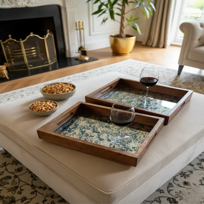 Rustic Chic Rectangular Wooden Serving Tray with Mirrored Base