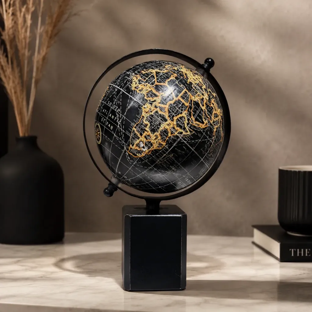 Decorative Black Globe with Gold Map Design for Gifting (8*15)
