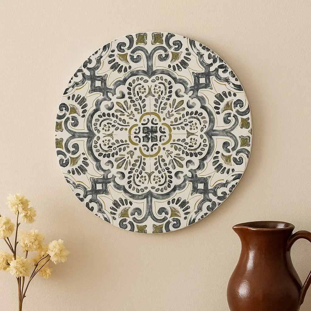 P22 Boho Chic Mandala Tile Pattern Round Wooden Wall Art (10inch)