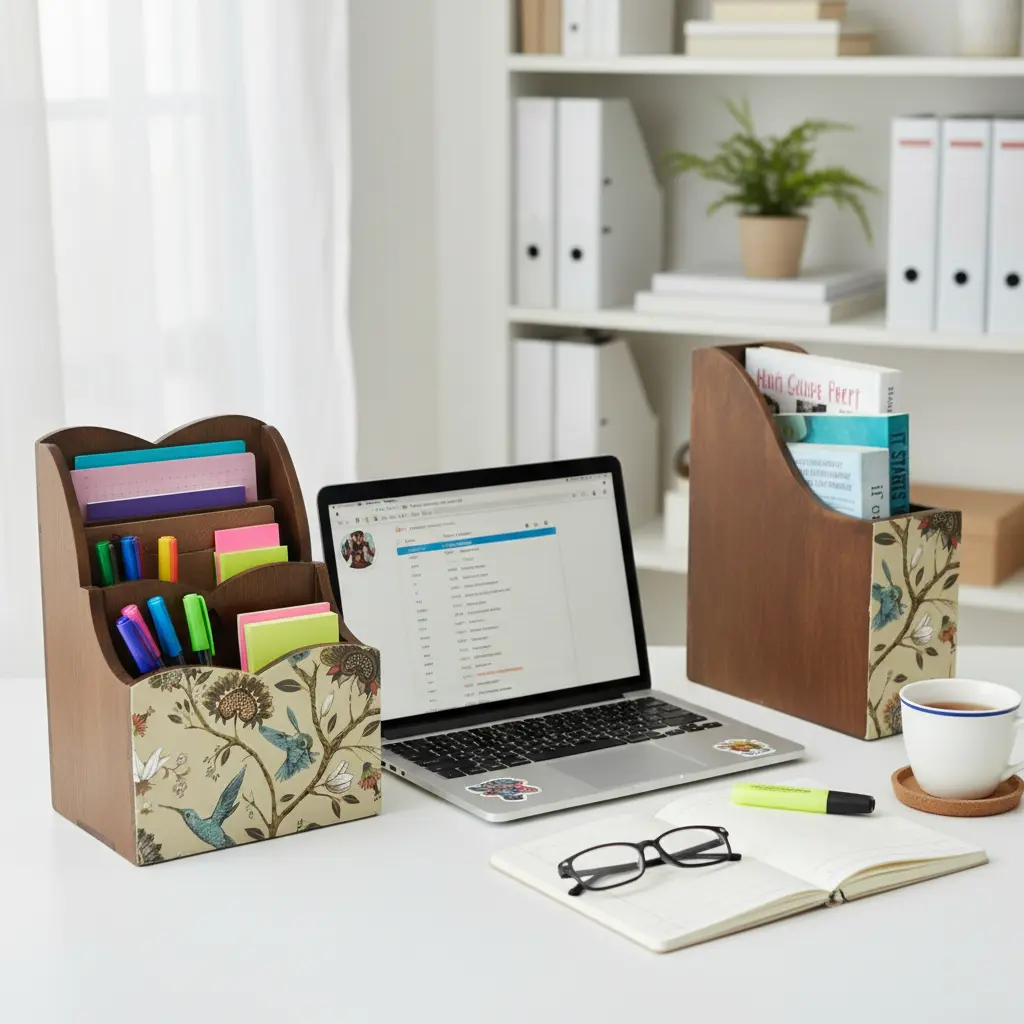 Rustic Wooden Desk Organizer Letter Sorter & Magazine File Holder Set (Magazine Rack)