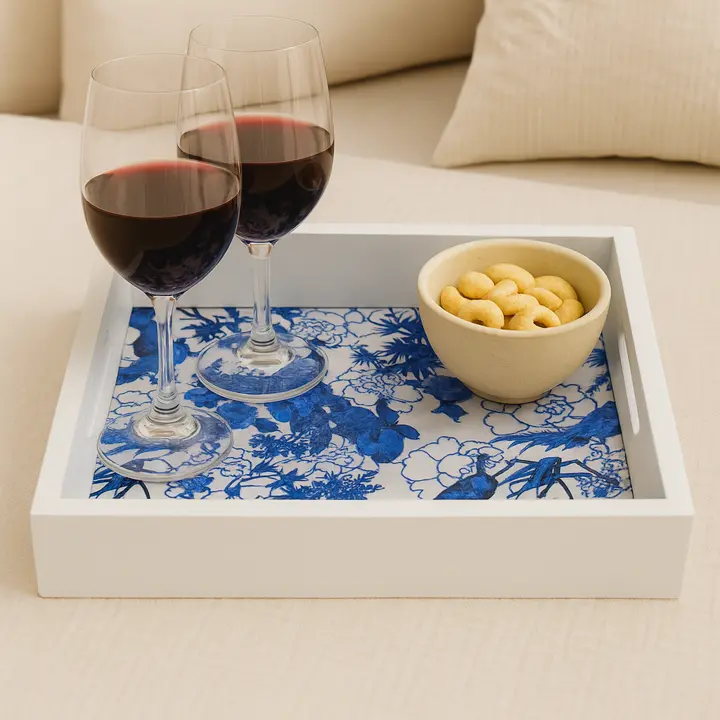 Blue & White Chinoiserie Peacock & Floral Decorative Serving Tray