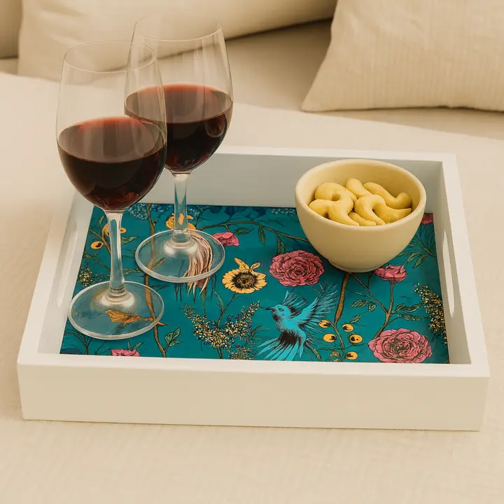 Cream Wooden Serving Tray with Vibrant Chinoiserie Birds & Botanicals Design