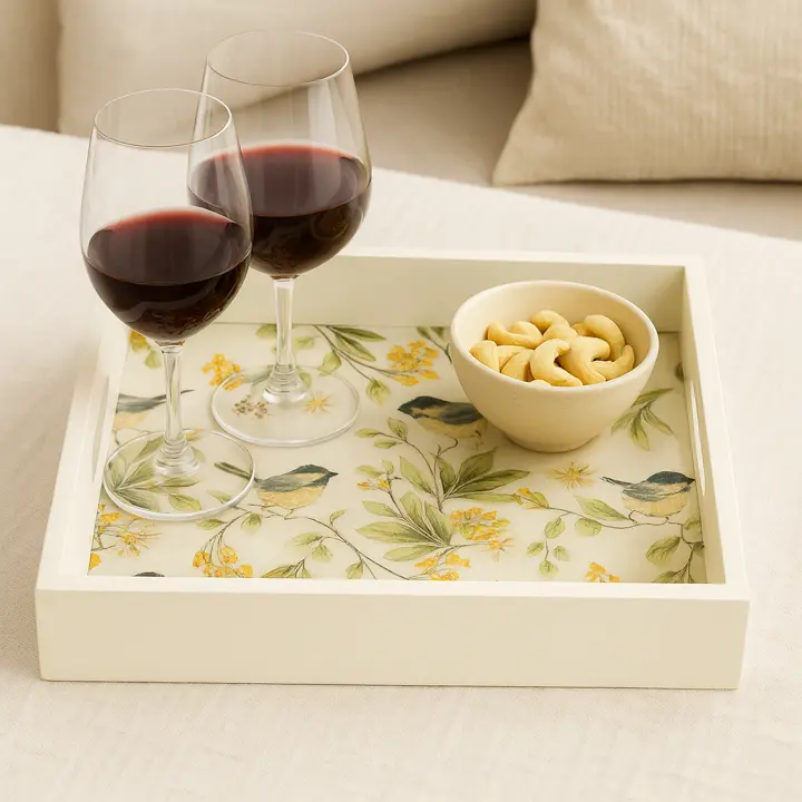 Elegant Rectangular Wooden Serving Tray with Chickadee & Floral Decal - White Finish (14*10)