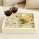 Elegant Rectangular Wooden Serving Tray with Chickadee & Floral Decal - White Finish
