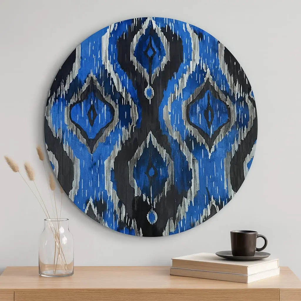 P24 Abstract Ikat Pattern Round Wooden Wall Art