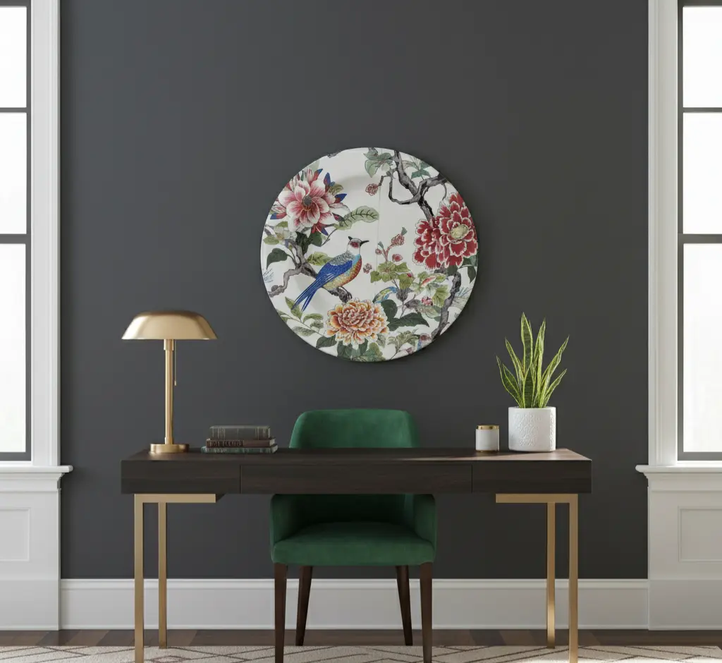 P25 Vibrant Chinoiserie Exotic Bird & Floral Round Wooden Wall Art (10inch)