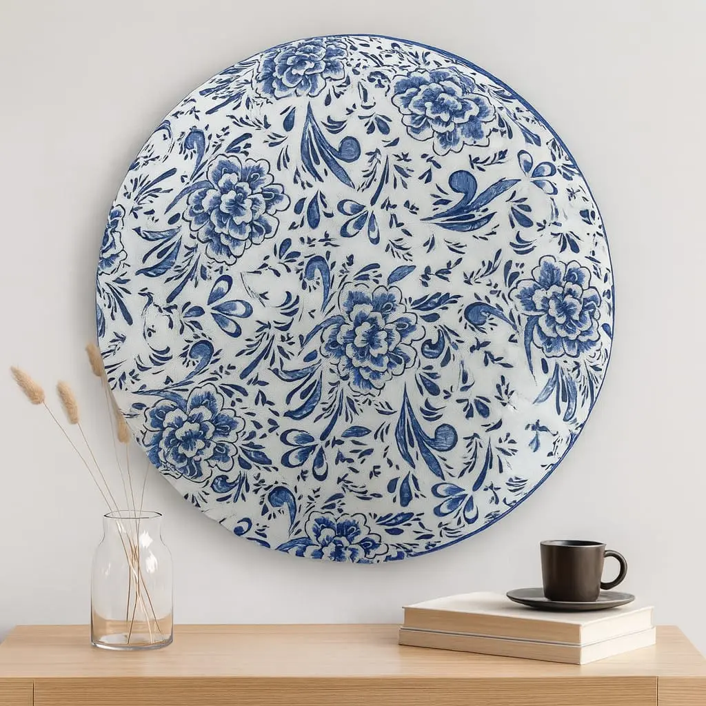 P26 Classic Blue & White Delft Inspired Floral Round Wooden Wall Art