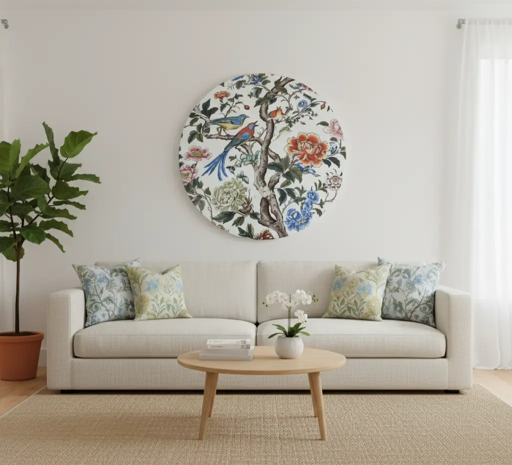 P28 Chinoiserie Songbirds on Tree Branch Round Wooden Wall Art (10inch)