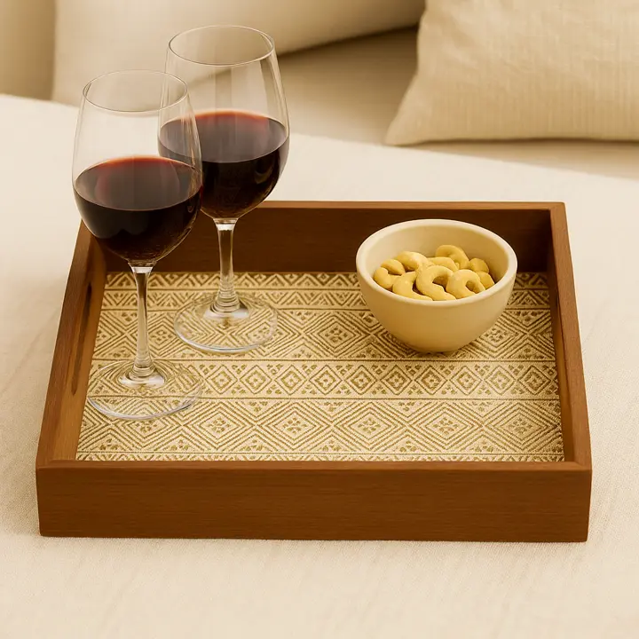 Rustic Wood Serving Tray with Geometric Pattern Inlay
