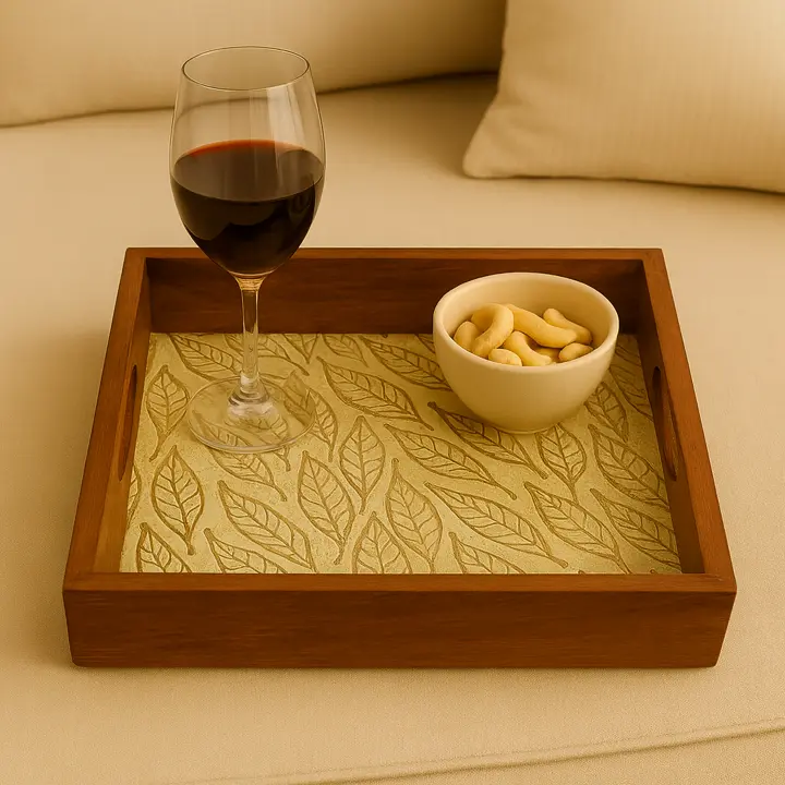 Nature-Inspired Leaf Pattern Wooden Serving Tray