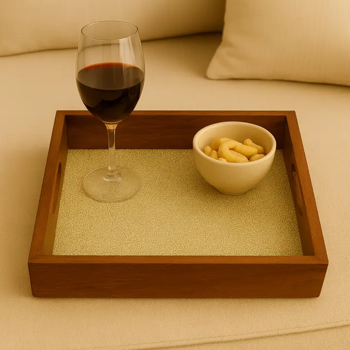 Rustic Wooden Serving Tray with Subtle Gold Scroll Pattern