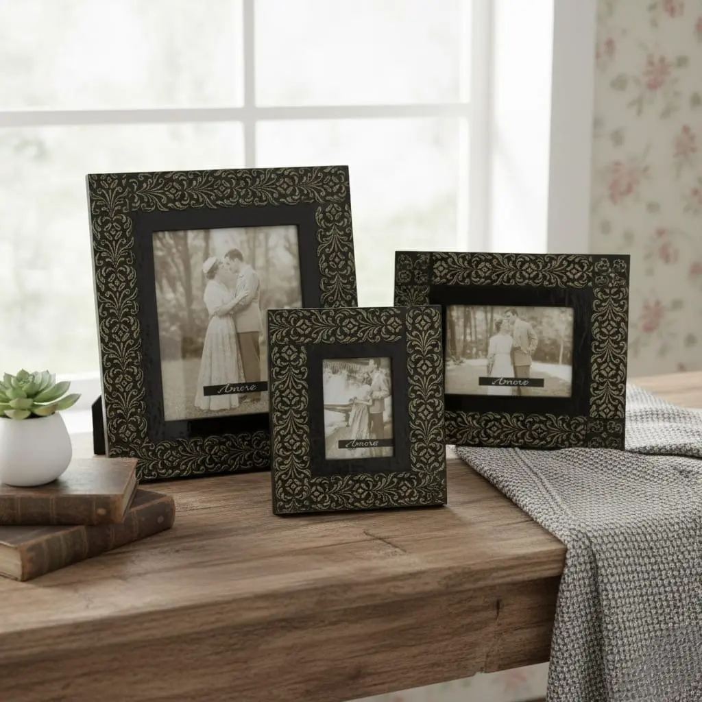 P6 Handmade Distressed Wood Picture Frame with Intricate Brass Corner Motifs - 3 Sizes
